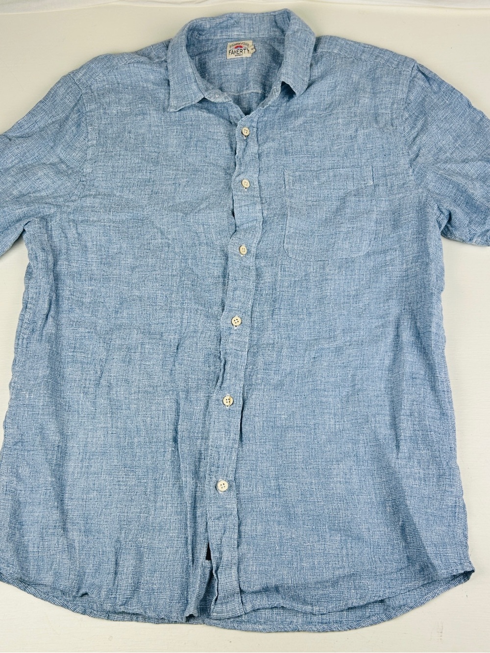 Faherty Button Shirt Mens Large Button Up Short Sleeve 100% Linen Shirt